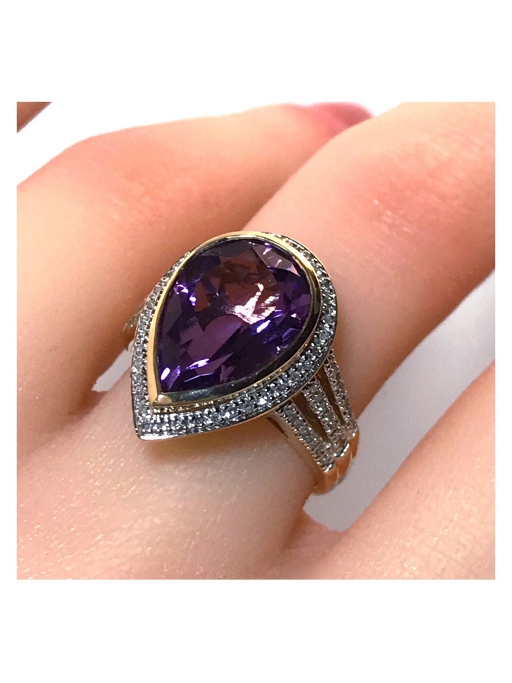 Alwand Vahan 14 kt. Gold 4 carat pear amethyst & diamond ring- 7. 17 Grams!!!